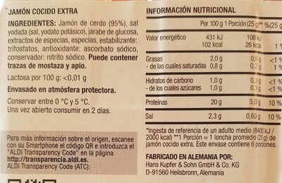 Jamon cocido extra - La Tabla de Aldi - Información nutricional