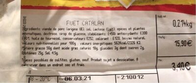 Fuet catalan - Tableau nutritionnel