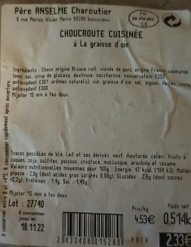 Choucroute cuisinée - Tableau nutritionnel