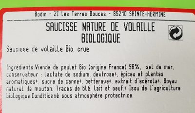 Saucisse nature de volaille biologique - Ingredients - fr