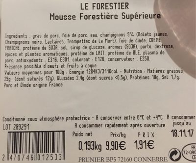 Mousse forestière supérieure - Tableau nutritionnel