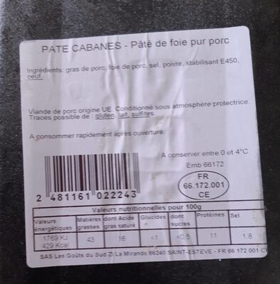 PATE CABANES - Nutrition facts - fr