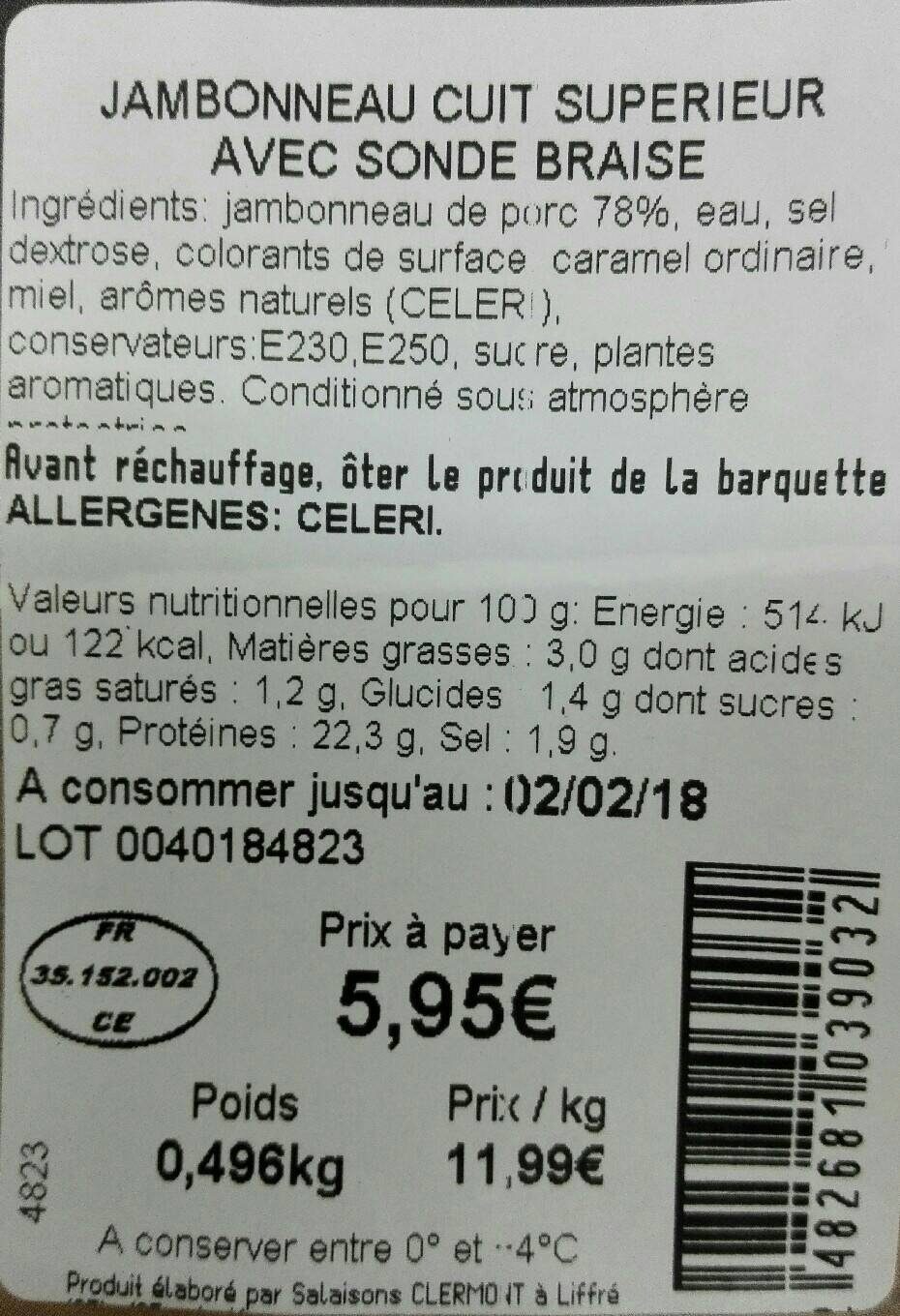 Jambonneau de porc braisé - Nutrition facts - fr