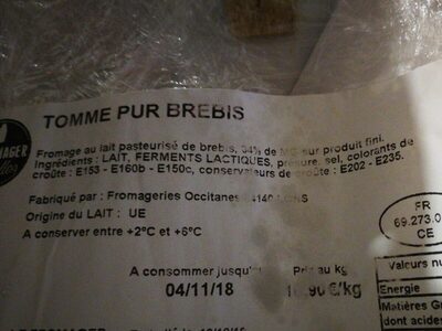 Tomme pur brebis - Ingredients - fr