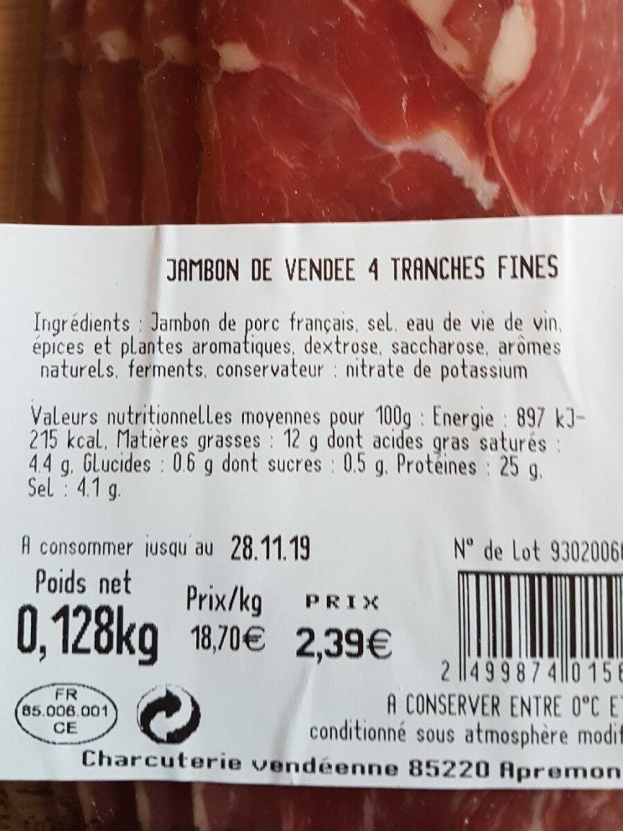 Jambon de Vendée - 营养成分 - fr