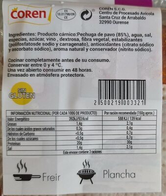 Pechuga de pavo fileteada marinada al pimentón - Información nutricional