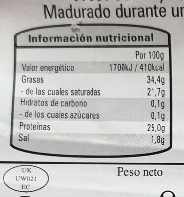 Queso cheddar - Informació nutricional - es
