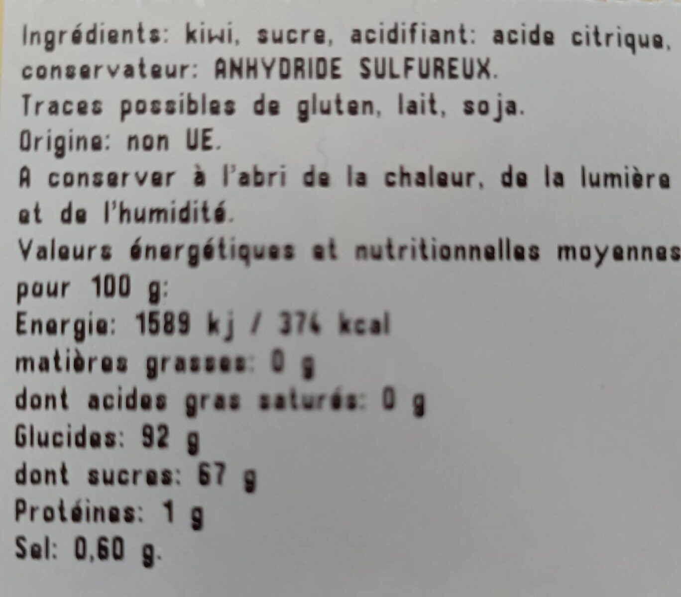Tranche kiwi deshydraté - Tableau nutritionnel