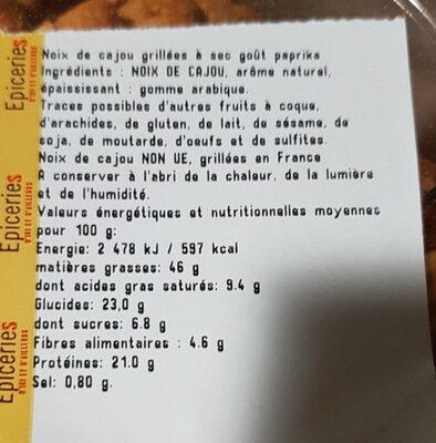 NOIX DE CAJOU GRILLÉE PAPRIKA - Tableau nutritionnel