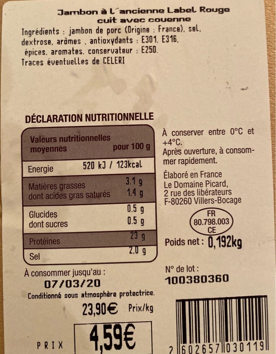 Jambon a l'ancienne - Nutrition facts