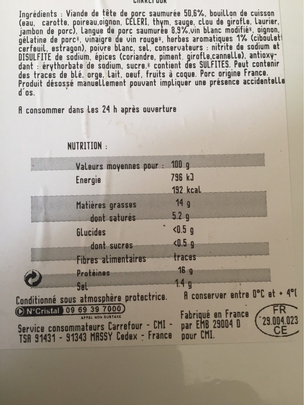 Fromage de tete aux herbes - Nutrition facts - fr