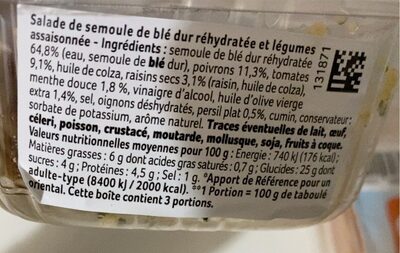 Taboulé oriental - Nutrition facts - fr