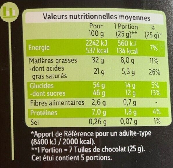 Tuiles de chocolat lait noisette - Nutrition facts - fr