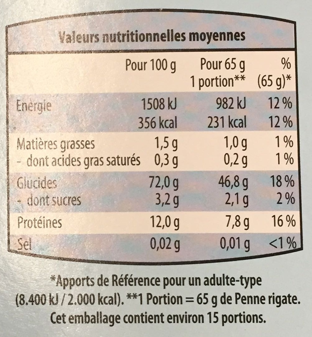 Penne Rigate (Pâtes alimentaires de qualité supérieure) - Voedingswaarden - fr