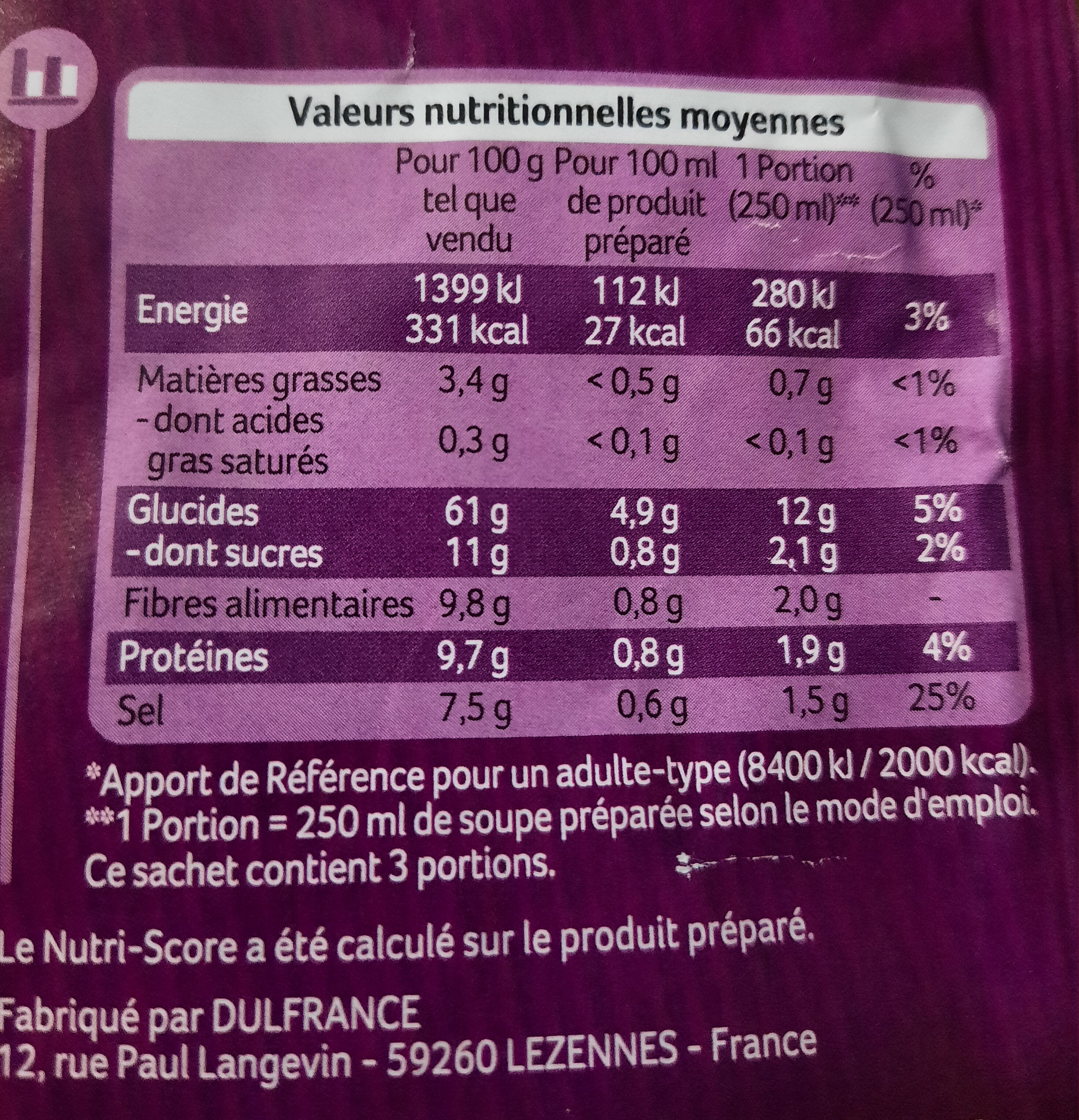 Soupe Chinoise Nouilles et Champignons Noirs - Tableau nutritionnel