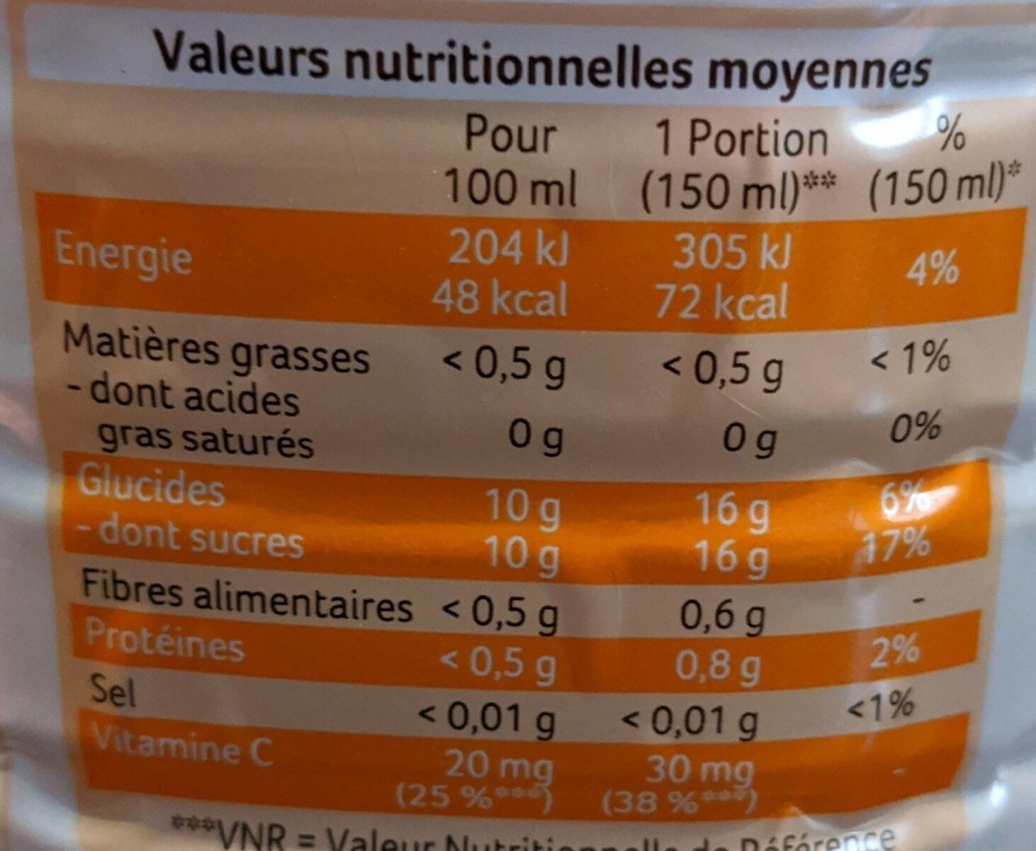 100% pur jus orange - Nutrition facts - fr