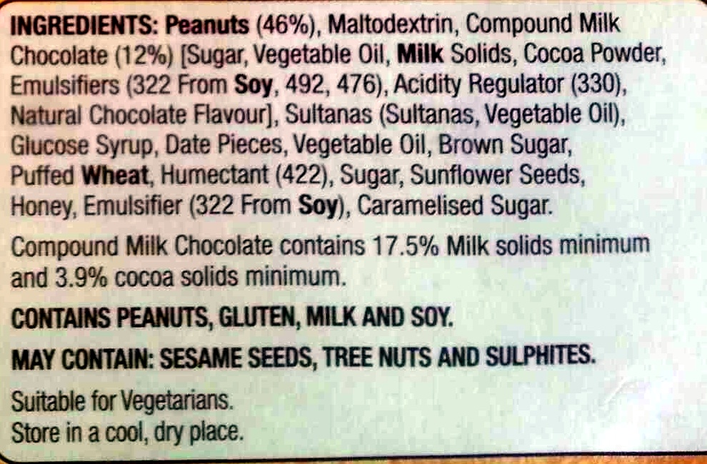 Hillcrest Nut Bars Choc Peanut - Ingredients