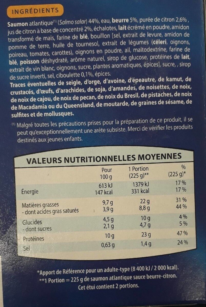 Saumon Atlantique sauce beurre citron - Nutrition facts - fr