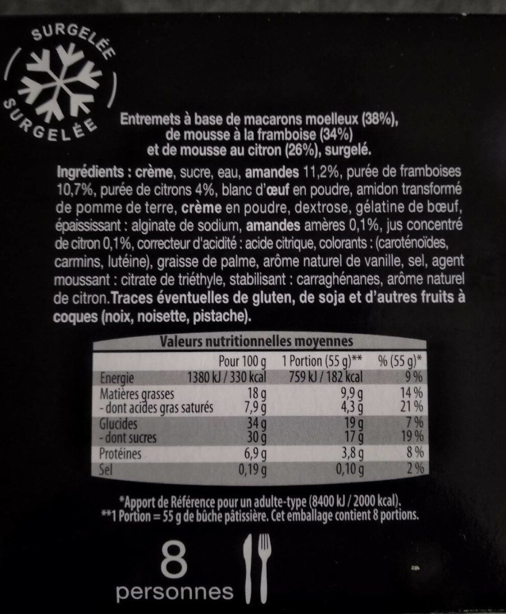 Bûche pâtissière framboise citron - حقائق غذائية - fr