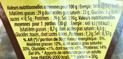 Tomme de Savoie IGP (29% MG) - Tableau nutritionnel