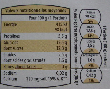 Fromage Blanc Saveur Vanille (2,5% MG) - (8 pots) 800 g - Tableau nutritionnel