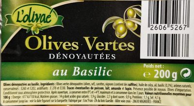 Olives vertes dénoyautées au basilic - Product - fr