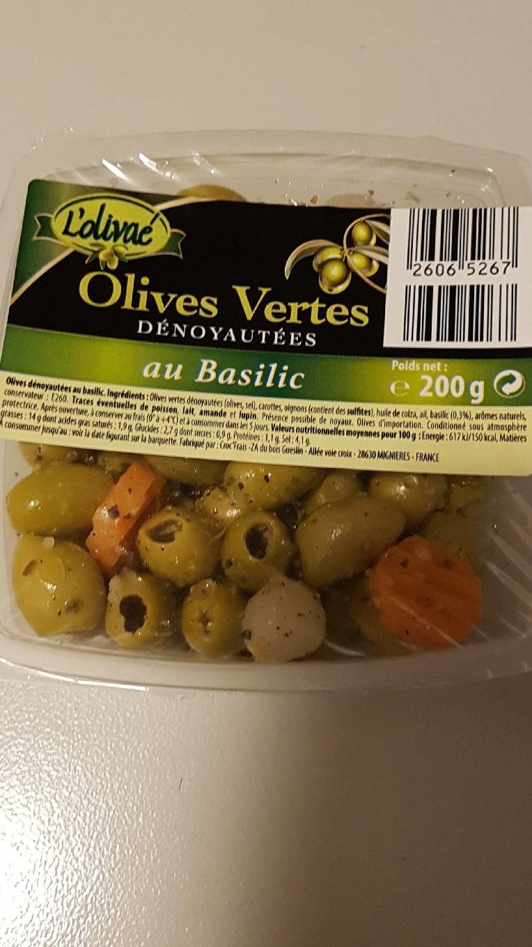 Olives vertes dénoyautées au basilic - Nutrition facts - fr