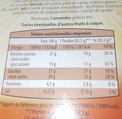 6 Géants Chocolat au Lait Amandes & Vanille - حقائق غذائية - fr