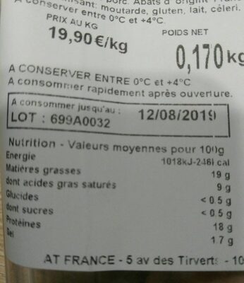 Véritable andouillette de Troyes - Nutrition facts - fr