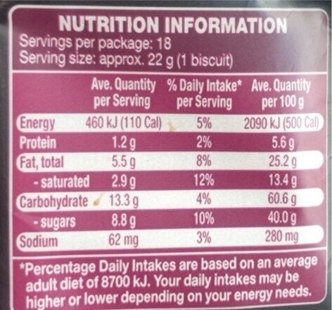 Belmont 40% Choc Chip Cookies - Nutrition facts