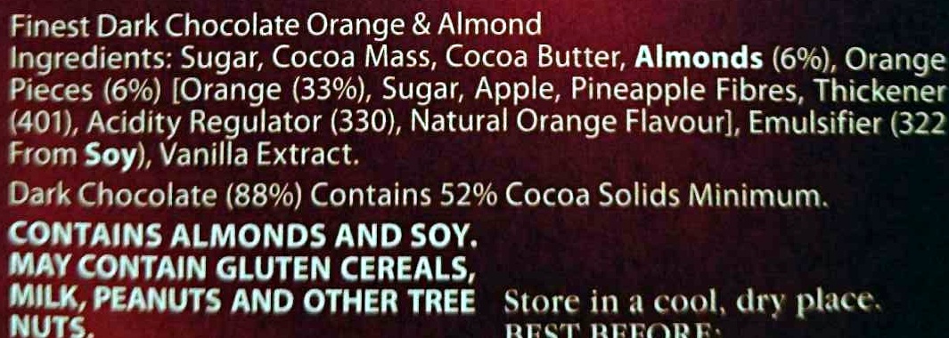 Finest Dark Chocolate - Orange & Almond - Ingredients