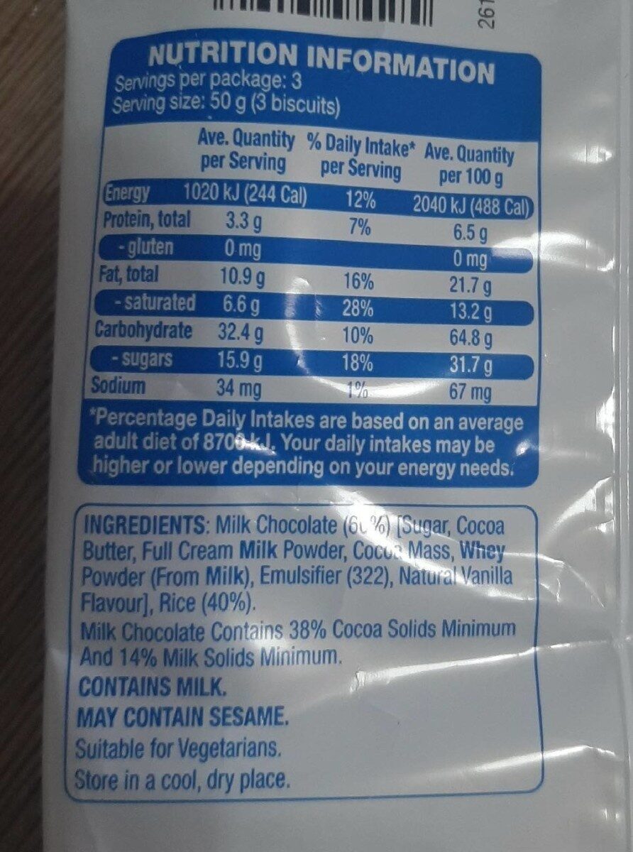 Rice entice milk chocolate - Nutrition facts