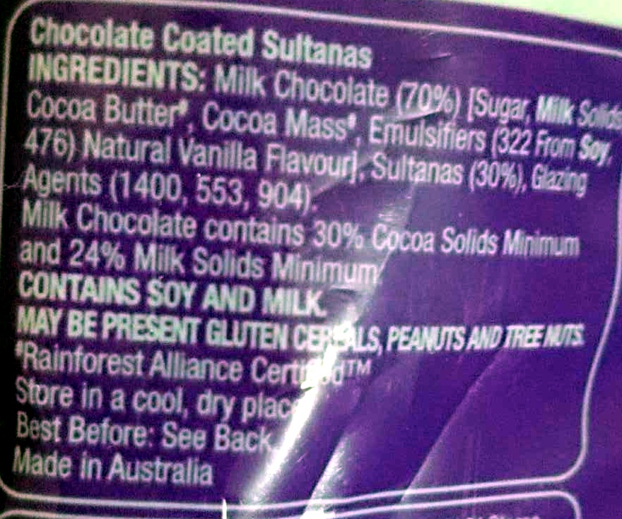 Milk Chocolate Coated Sultanas - Ingredients
