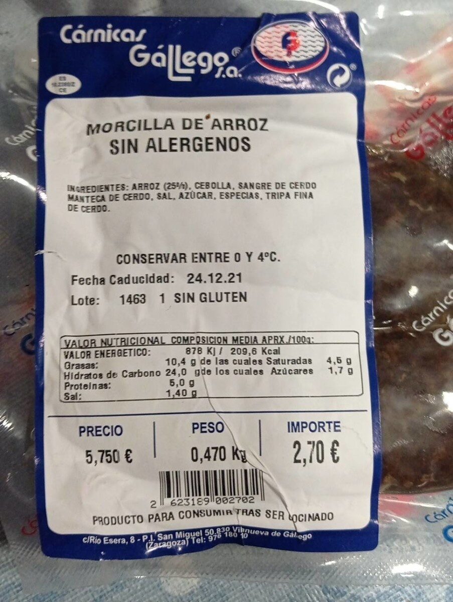 MORCILLA DE ARROZ SIN ALERGENOS - Producto