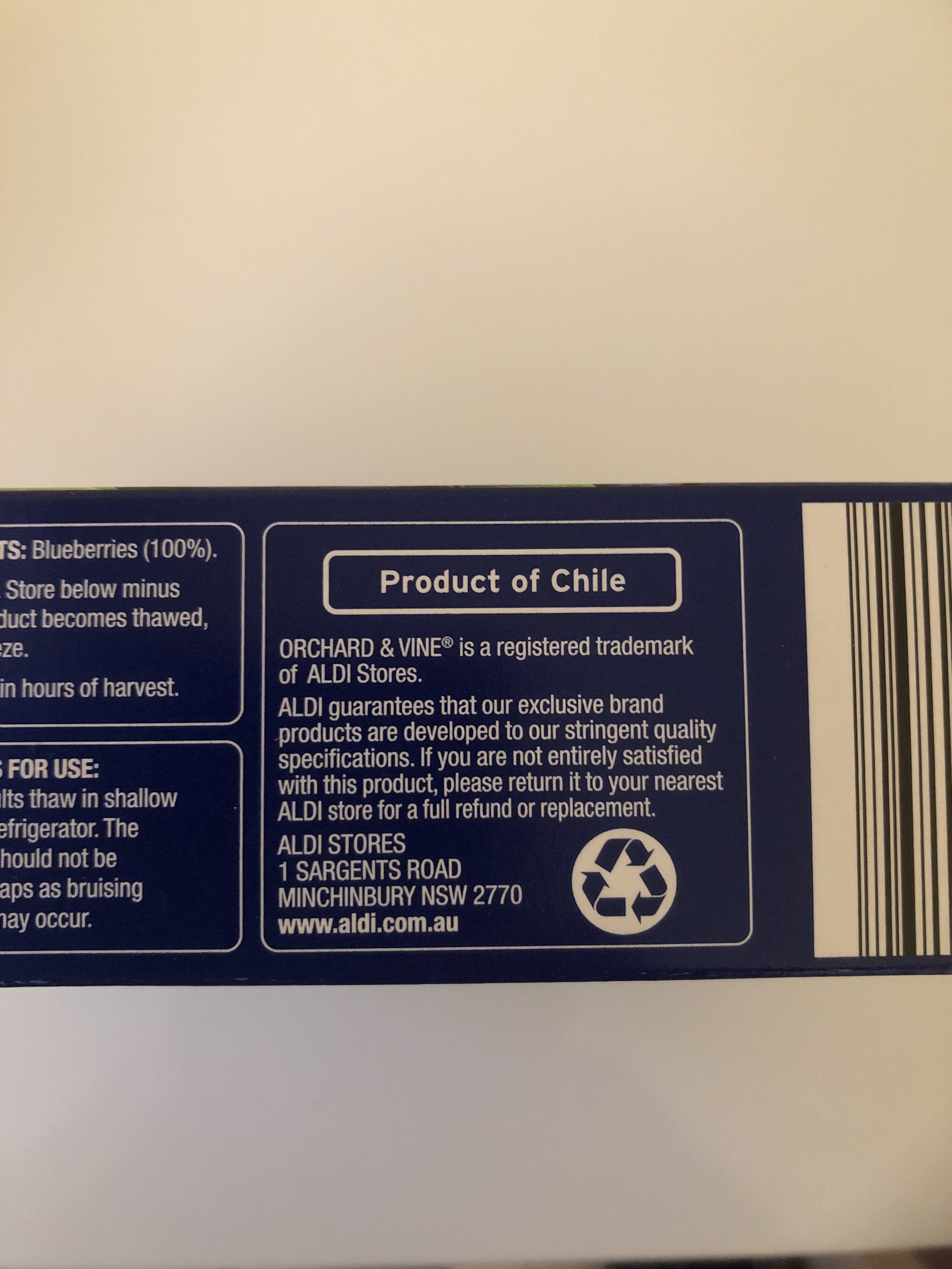 Aldi Orchard & Vine Blueberries - Recycling instructions and/or packaging information