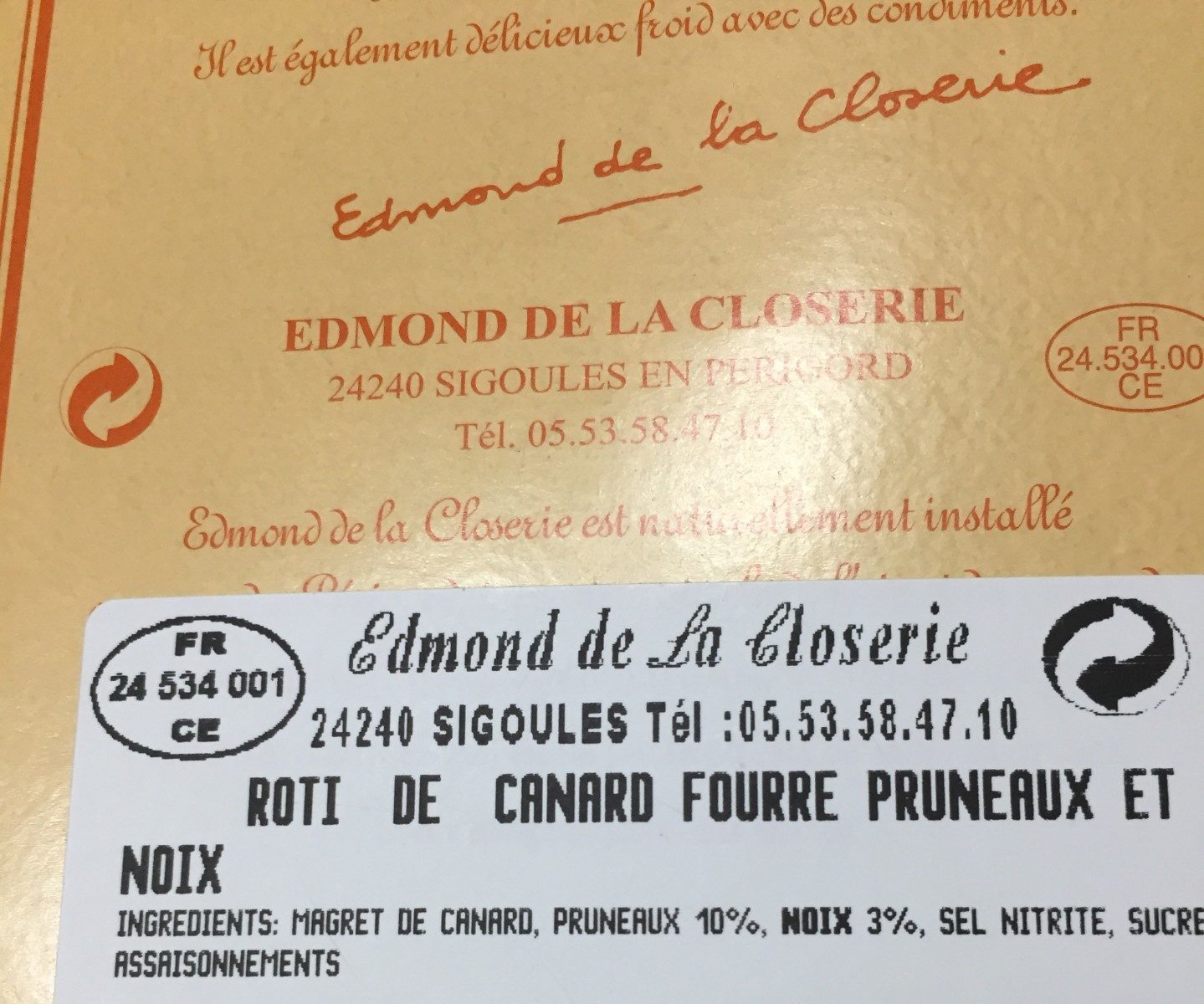 Rôti de canard fourré aux pruneaux et noix - Ingredients - fr