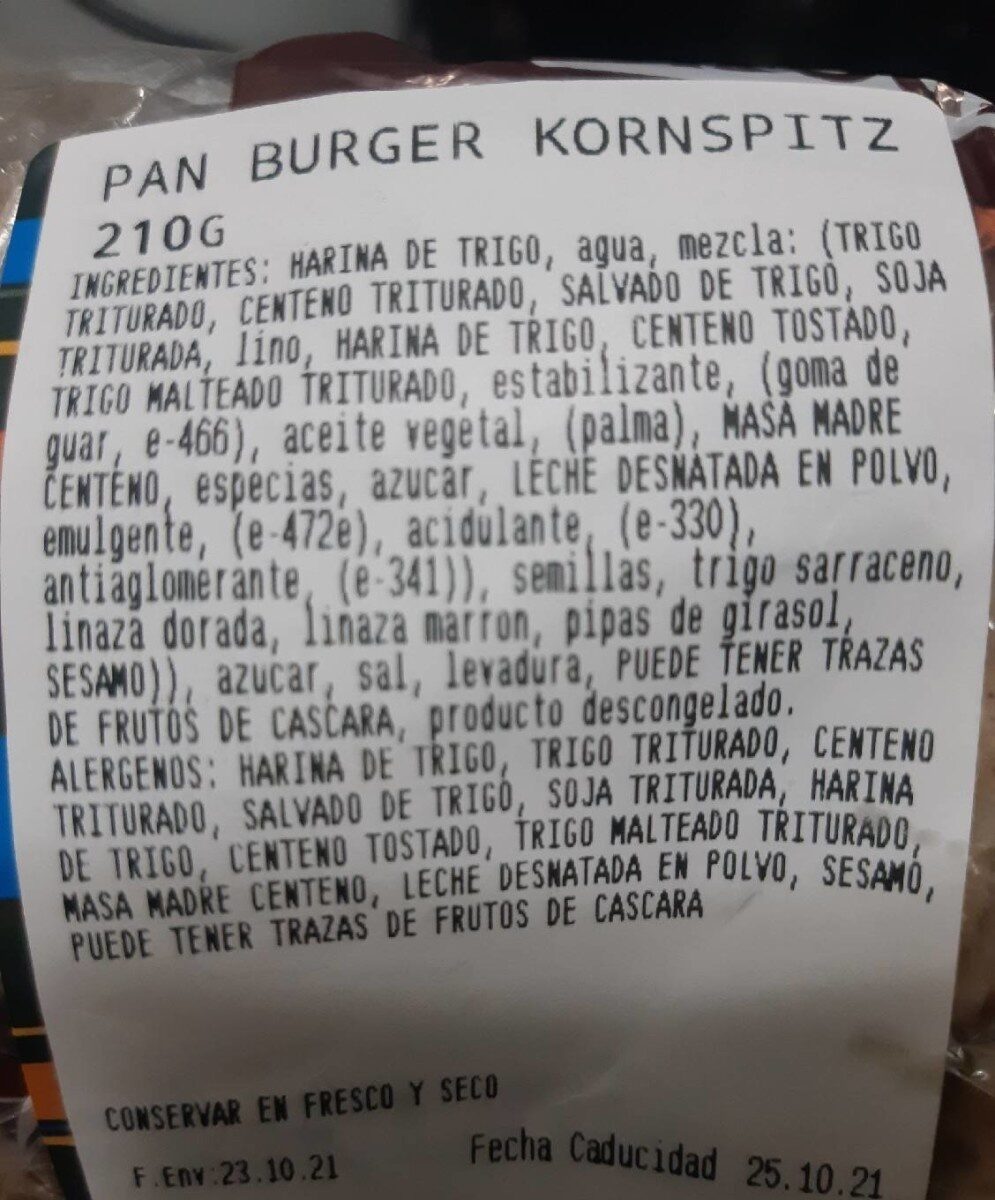 Pan Burger kornspitz - Informació nutricional - es