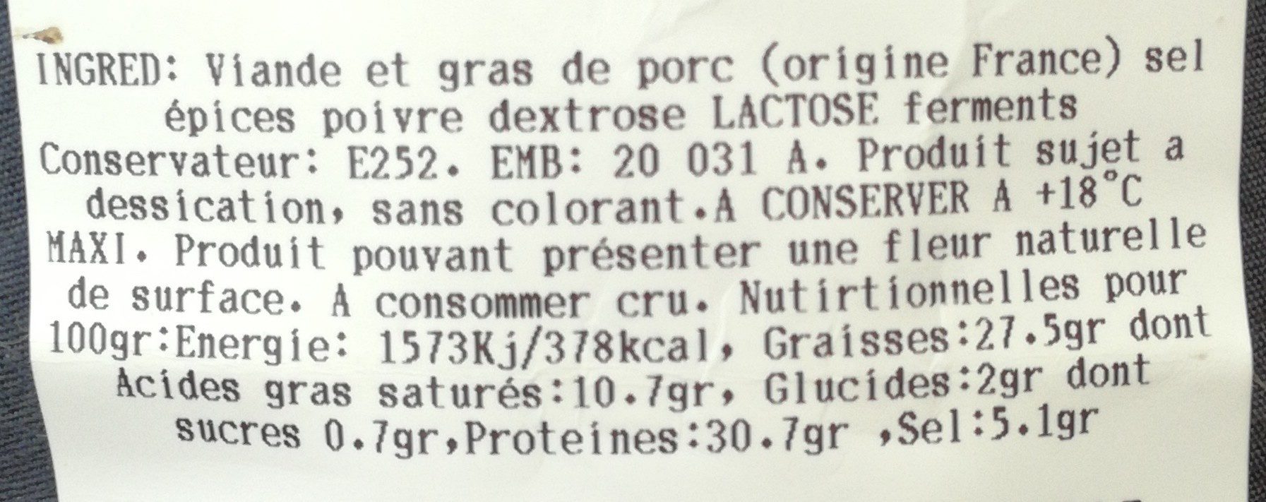 Saucisson Corse Fume Fleuri - Ingredients - fr