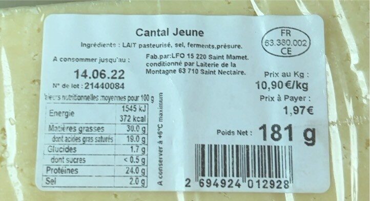 Cantal - Nutrition facts - fr