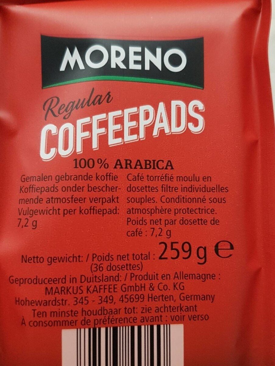 36 Coffee Pads Regular - Voedingswaarden - fr