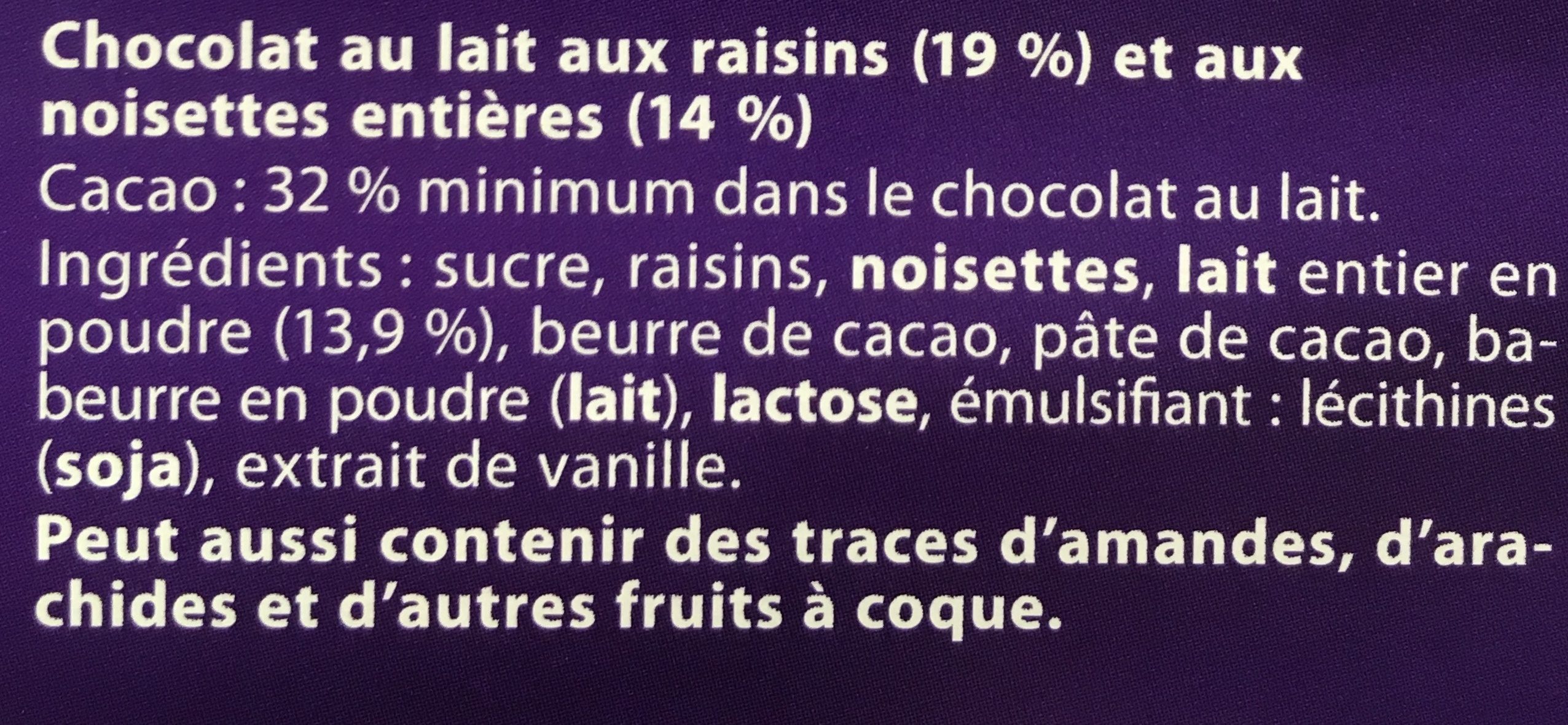 Château - chocolat au lait aux raisins - Ingrediënten - fr