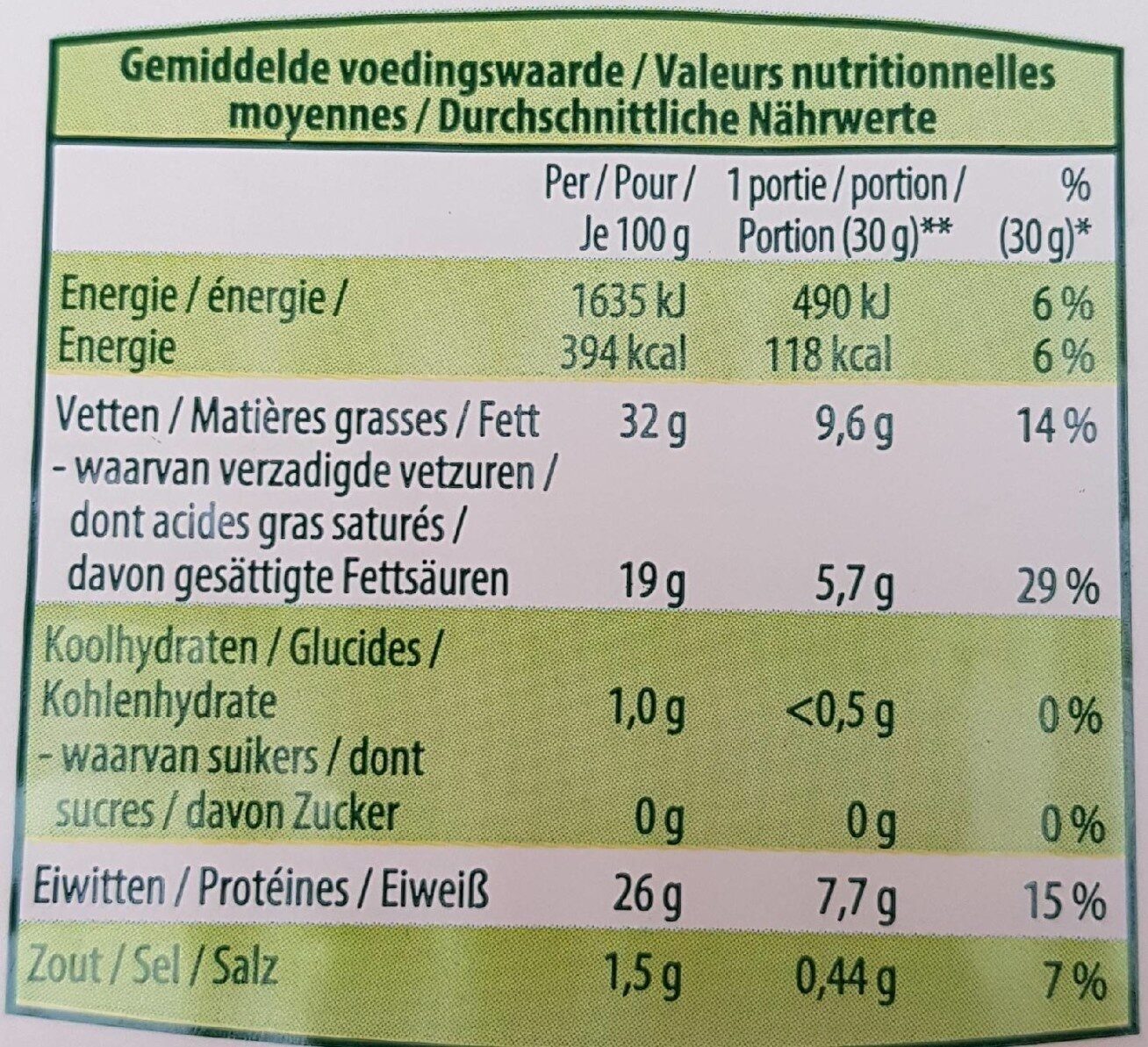 Maasdam Organic 28% - Tableau nutritionnel