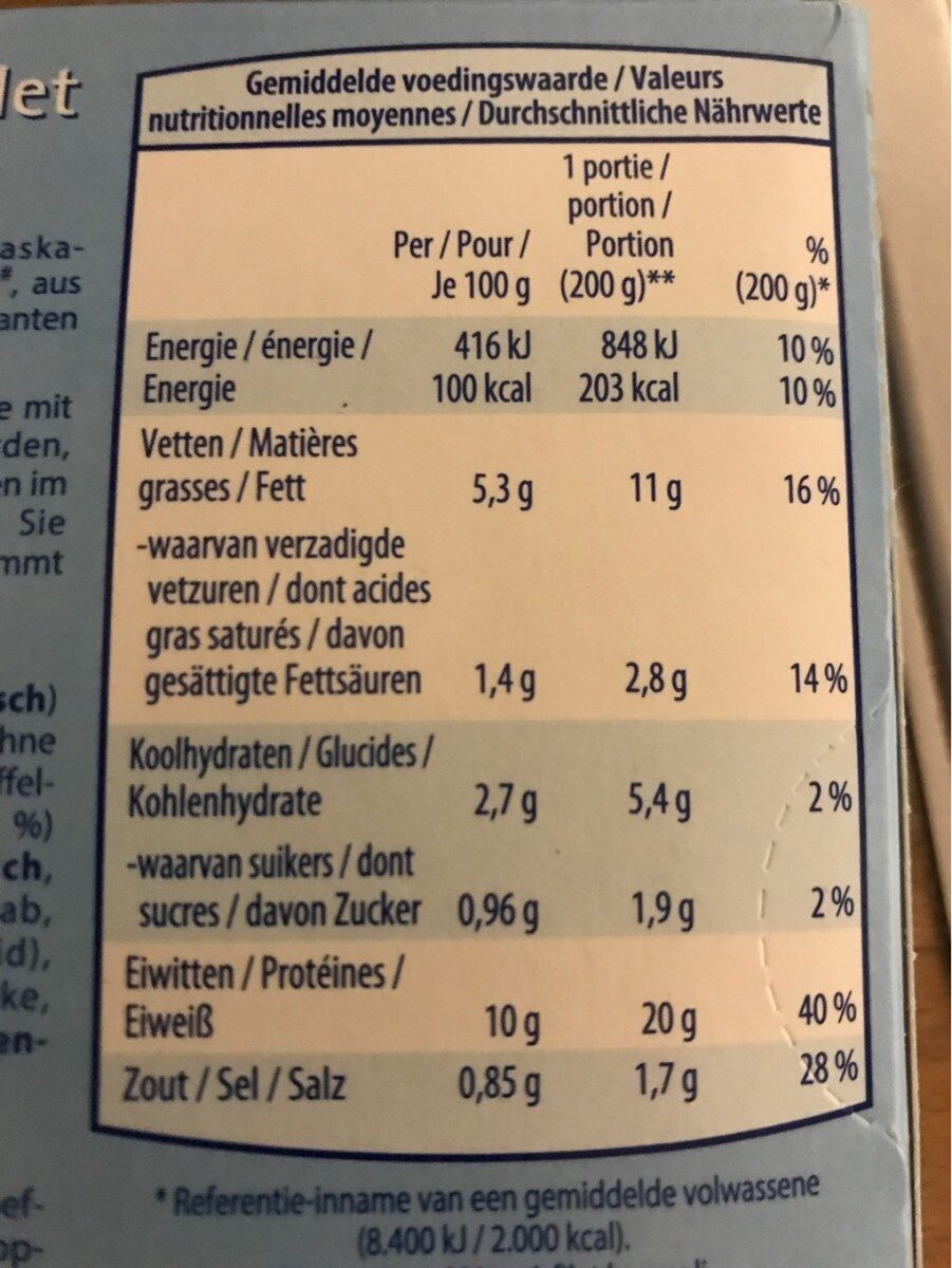 Filet de poisson "Bordelaise" - Tableau nutritionnel