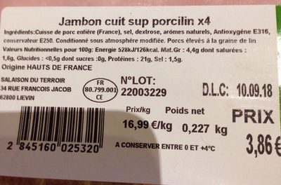 Jambon cuit sup porcelin x4 - Ingredients - fr
