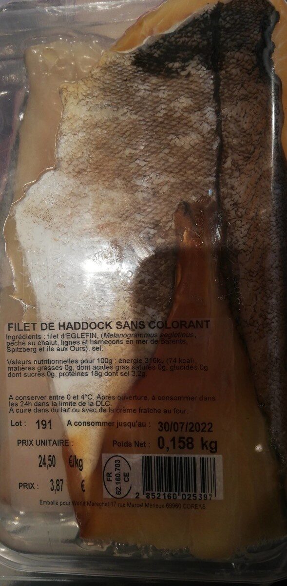Filet de haddock sans colorant - Tableau nutritionnel