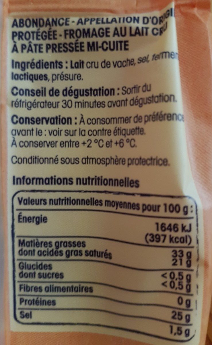 Abondance au lait cru de vache AOP - Ingredienser - fr