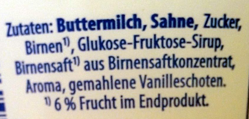 Frucht Buttermilch Dessert Birne & VAnille - Ingredients - de