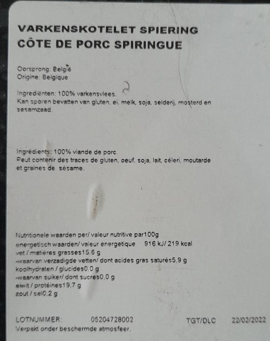 Côté de porc spiringue - Tableau nutritionnel