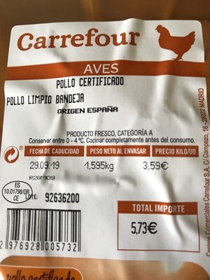 Pollo - Ernæringsfakta - es