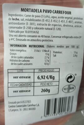 Mortadela de Pavo Carrefour - Información nutricional
